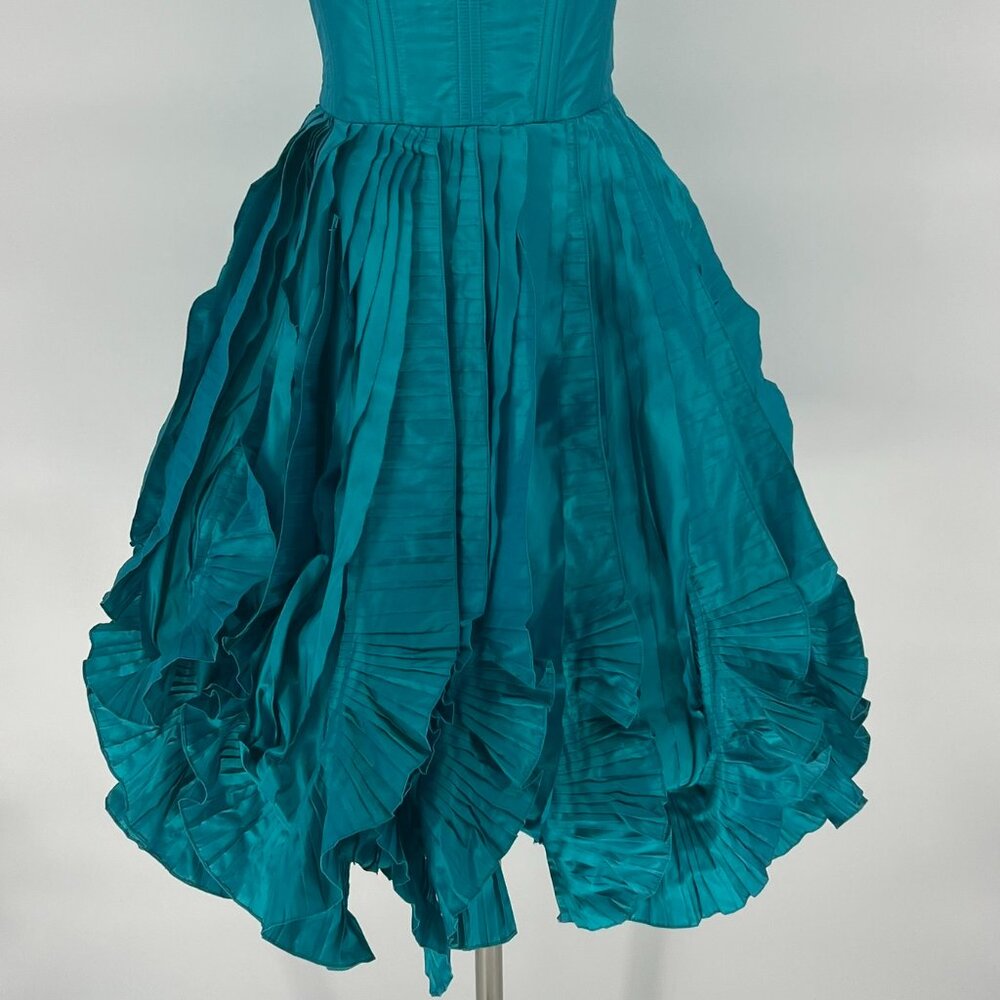 VINTAGE Oscar De La Renta Teal Silk Taffeta Ruffled Cocktail Dress
